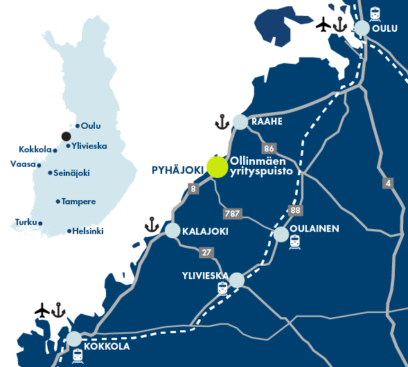Suomen kartta sekä Oulu-Kokkola -alueen kartta, joihin on merkitty Ollinmäen sijainti.